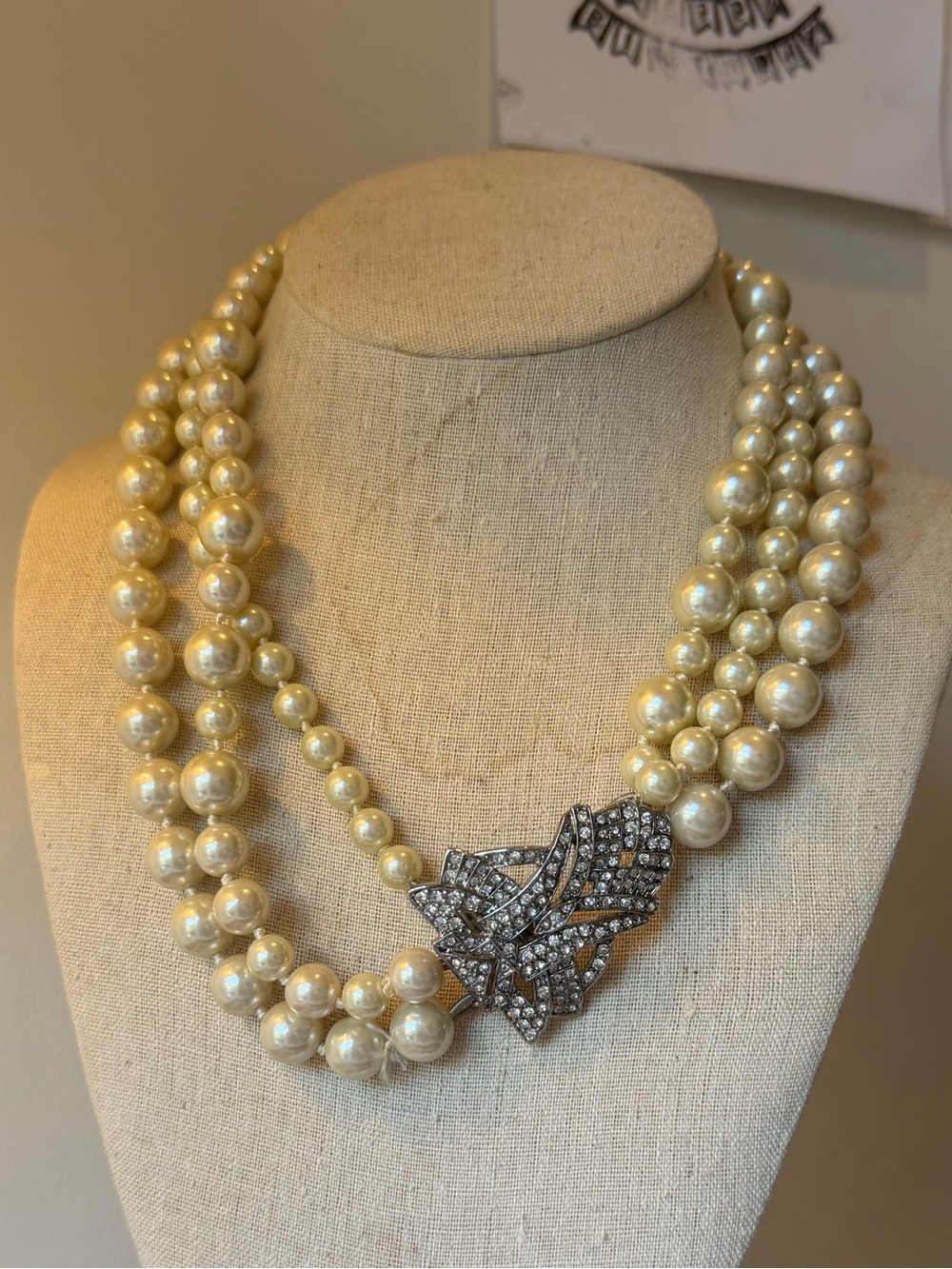 Stella & Dot Ivory Triple-Strand Pearl Necklace with Crystal Leaf Accent